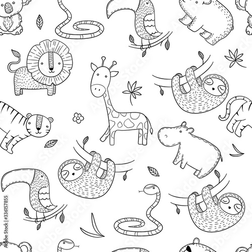 Jungle pattern. African wild animals vector seamless background. Tiger and african crocodile, sloth and lion. Vector illustration