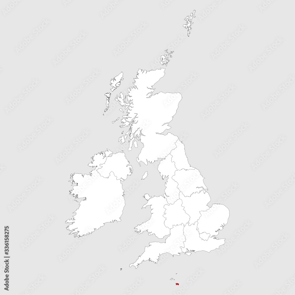 Jersey map highlighted red on united kingdom political map. Light gray background. Perfect for Business concepts, backgrounds, backdrop, chart, label, sticker, banner and wallpapers.