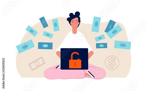 Hacker attack. Cute young girl hack bank online. Bad money safety, woman transfer money vector illustration. Hacker online attack, crime and thief