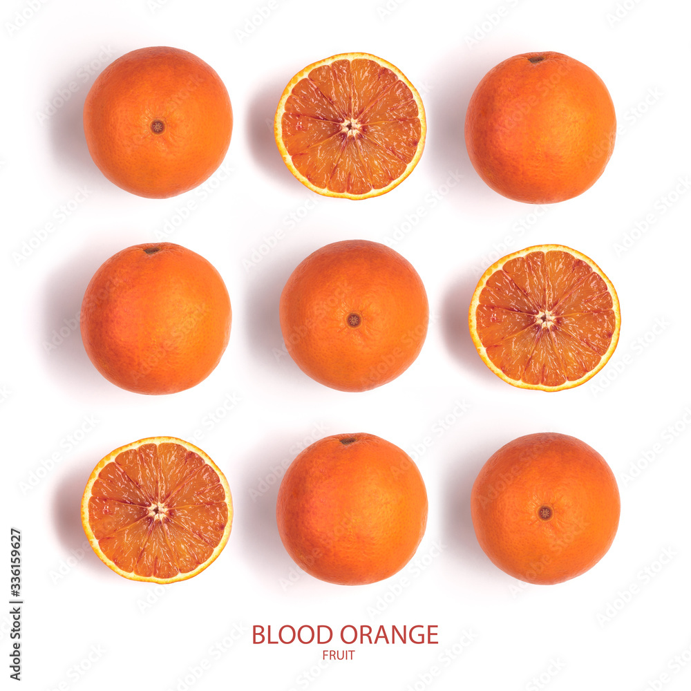 Pattern of cut blood oranges with different shades isolated on white background Pattern of cut blood oranges with different shades isolated on white background