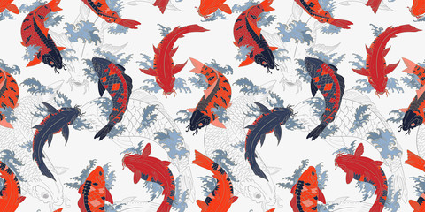 Canvas schilderij Japanse stijl patronen Rode en oranje koi op grijs  © Xenia Snowstorm
