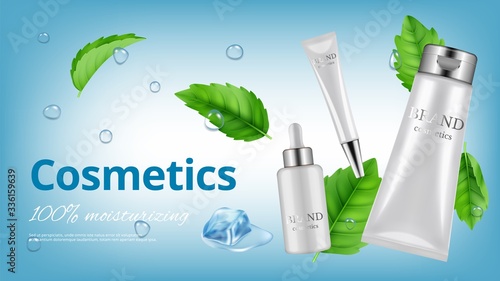 Realistic cosmetics banner. White bottles and tubes with water drops and mint leaves. Moisturizing cream vector illustration. Realistic cosmetic cream for skin