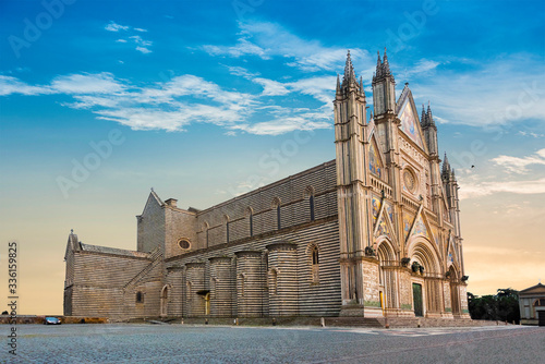 Exterior view of Orvieto Cathedral in the cathedral square, a 14th-century Gothic cathedral in Orvieto, Italy