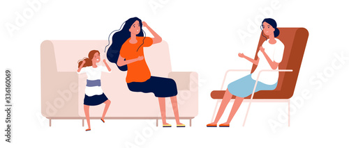 Children psychologist. Angry baby girl, bad manners. Tired mother and screaming daughter. Mental problems, psychotherapy vector concept. Psychologist illustration, psychology and psychotherapy kids