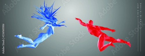 Vector drawn by polygons. Low-poly cover design. Creative fitness art. Concept graphic of 3d flying people.