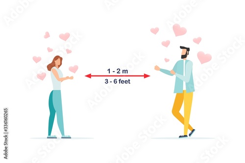 Keep distance sign. Coronovirus epidemic protective equipment. Preventive measures. Steps to protect yourself. Keep the 1 meter distance. Vector illustration.