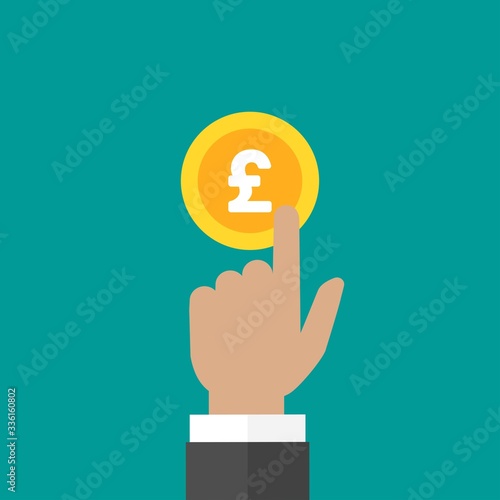 Hand with gold pound sterling coin. Hand pointing. Vector flat illustration on blue.