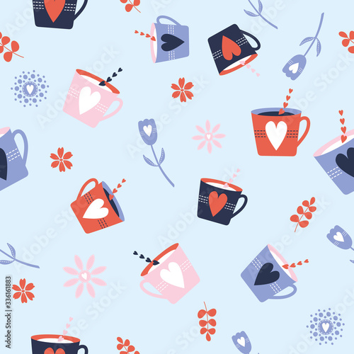 Seamless Vector Pattern with colorful tea and coffee cups and hearts, for decoration, print, stationery, fabric, textile