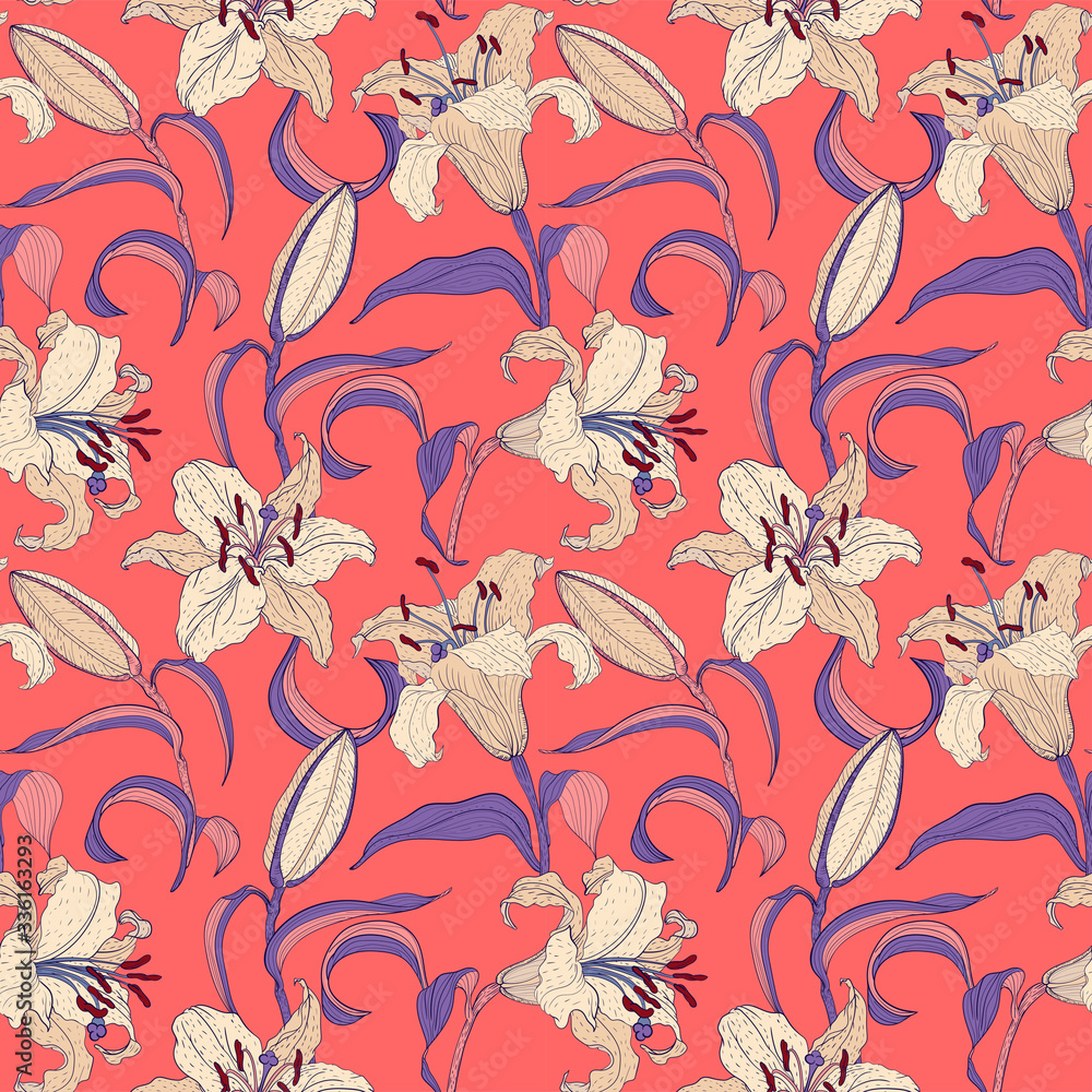 Oriental Lilies floral pink seamless pattern Oriental Lilies floral pink seamless pattern