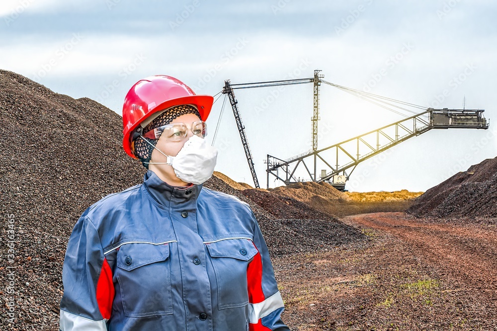 Naklejka premium labor protection. Female hard work. harmful production. Work clothes, vest and helmet.