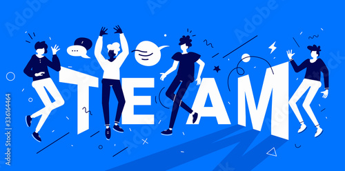 Vector illustration of group of young happy business people on blue background with word team. Crowd of enjoying communication man and woman.
