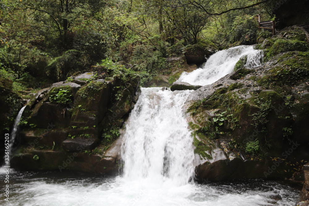 Beautiful landscape of a waterfall in a forest in a Mountain in Sichuan, China Beautiful landscape of a waterfall in a forest in a Mountain in Sichuan, China