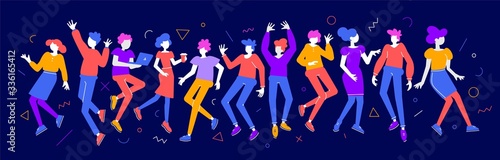 Vector bright color illustration of group of young happy dancing