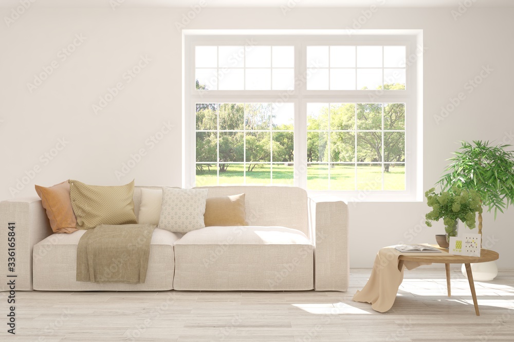 White living room with sofa and summer landscape in window. Scandinavian interior design. 3D illustration White living room with sofa and summer landscape in window. Scandinavian interior design. 3D illustration