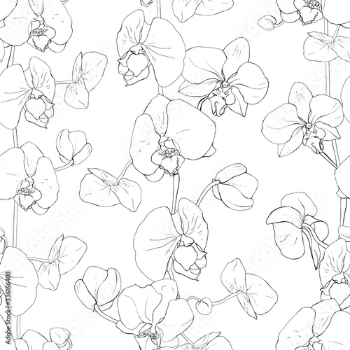 Seamless floral pattern with black contour flowers orchid on white background. Hand drawn. Outline tropical plants for design, textile, print, wallpapers, wrapping paper. Vector stock illustration.