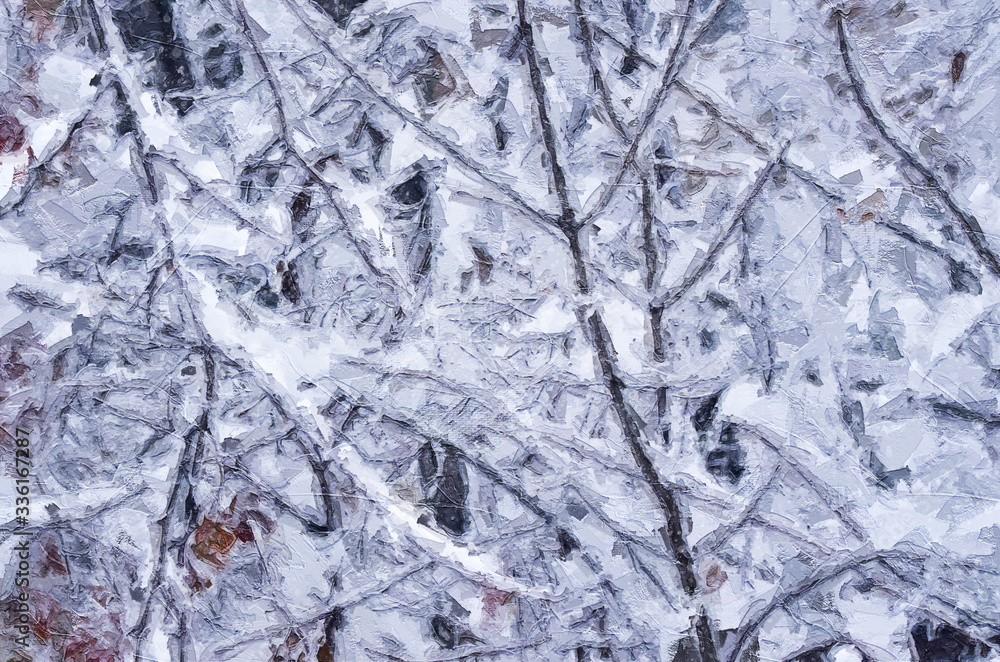 Impressionistic Style Artwork of Winter Branches Covered with Fresh Snow Impressionistic Style Artwork of Winter Branches Covered with Fresh Snow