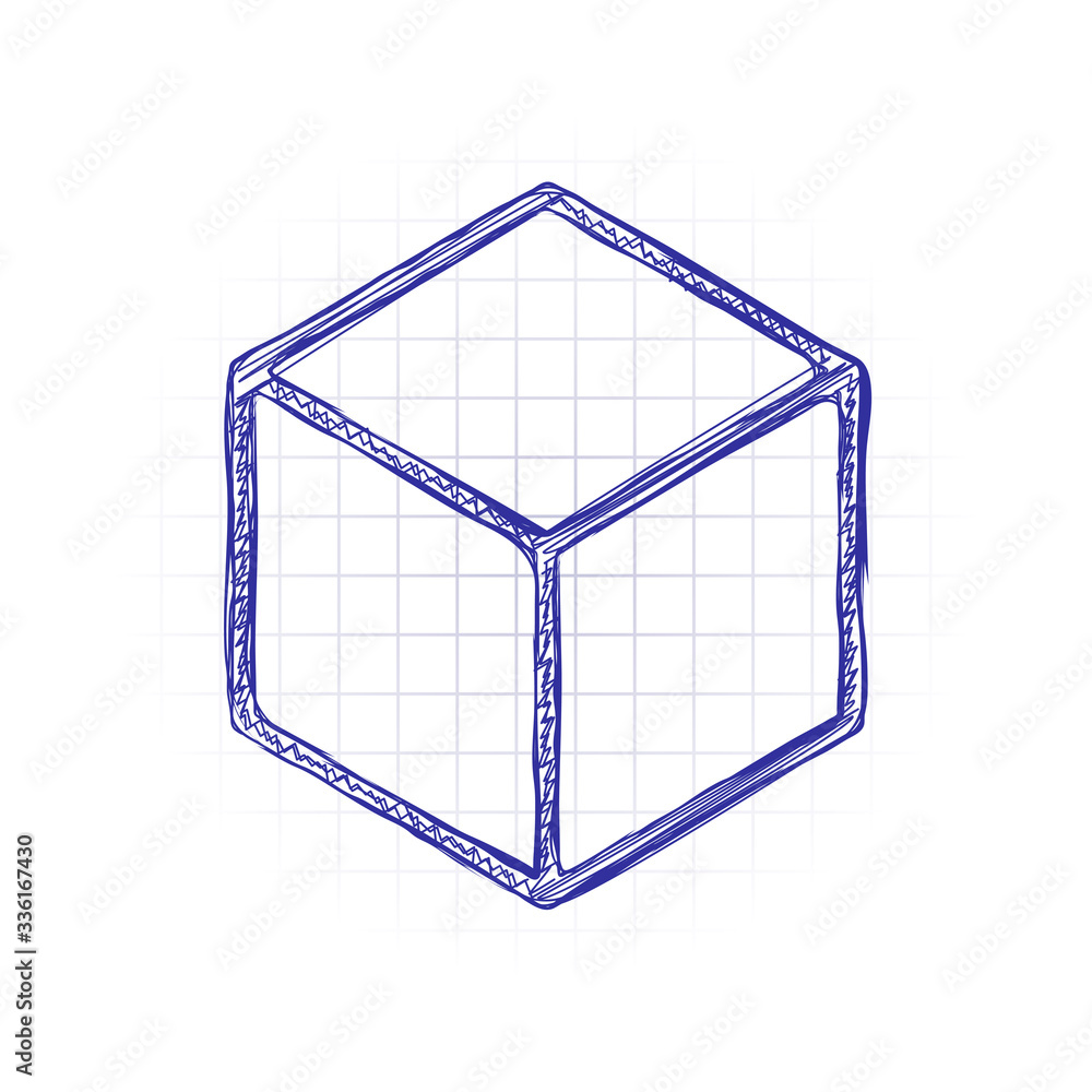 Geometric empty cube. Simple outline icon. Hand drawn sketched picture with scribble fill. Blue ink. Doodle on white background Geometric empty cube. Simple outline icon. Hand drawn sketched picture with scribble fill. Blue ink. Doodle on white background