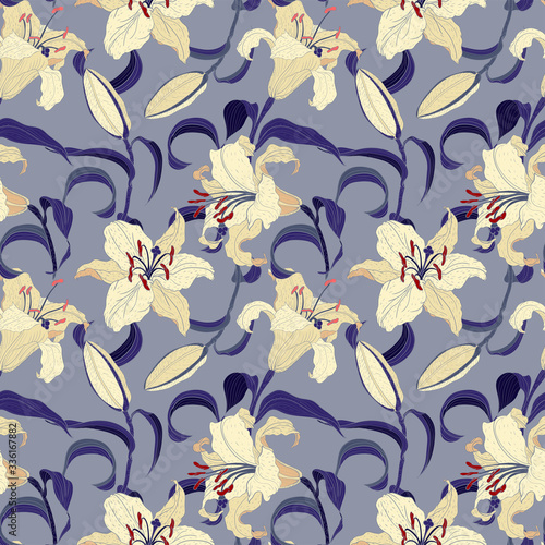 Oriental Lilies floral light violet seamless pattern