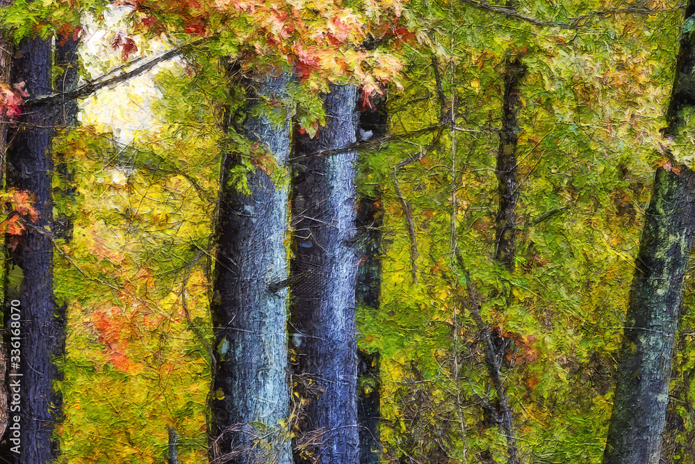 Obraz premium Impressionistic Style Artwork of Autumn Colors Hidden Deep in the Green Forest