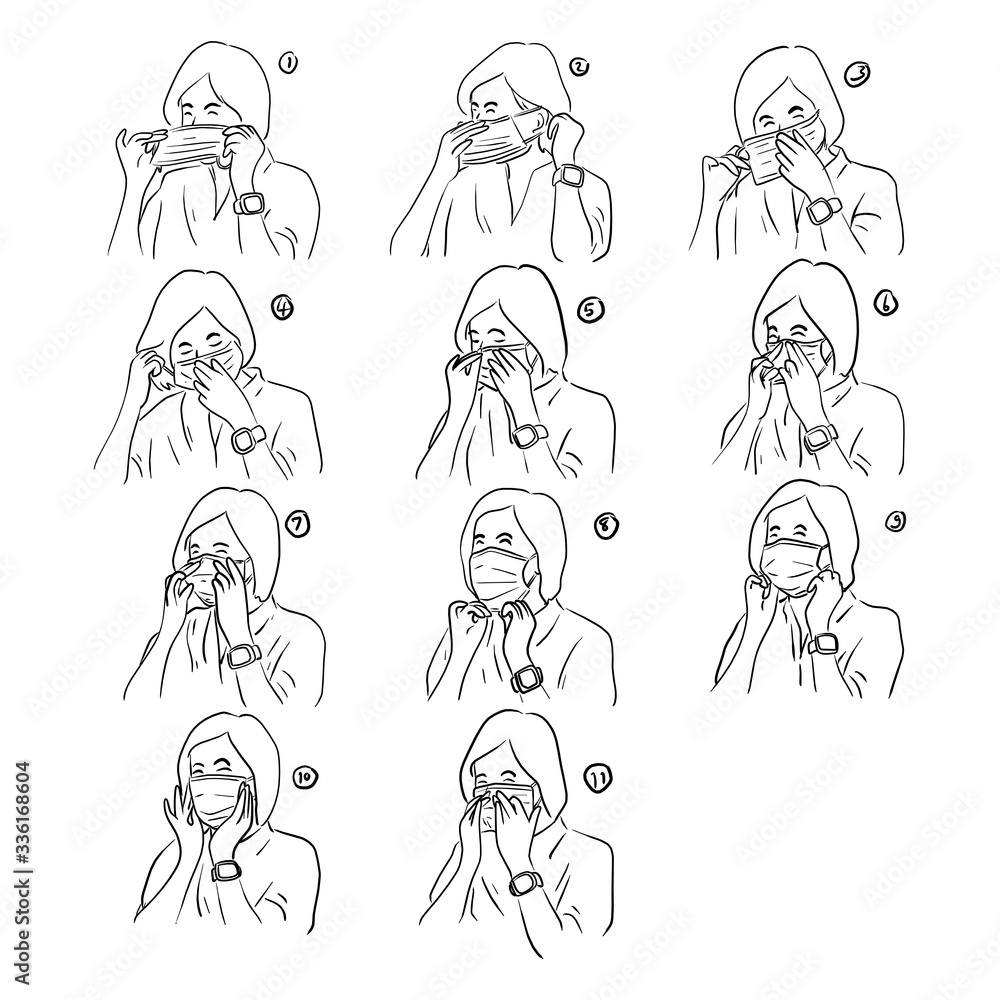 Set of woman showing how to correctly wear hygiene surgical mask vector illustration sketch doodle hand drawn isolated on white background Set of woman showing how to correctly wear hygiene surgical mask vector illustration sketch doodle hand drawn isolated on white background