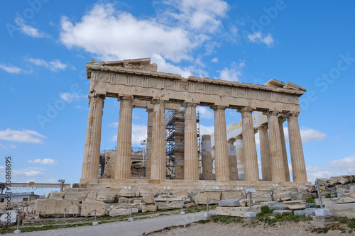 Parthenon. Emblematic temple restored in an archaeological site with Doric columns built in 447 a. C. photo