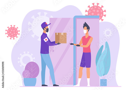 Food delivery courier delivers parcel to self isolated people concept flat vector illustration. Courier and customer in gloves, face medical masks keep safe distance during quarantine covid 19