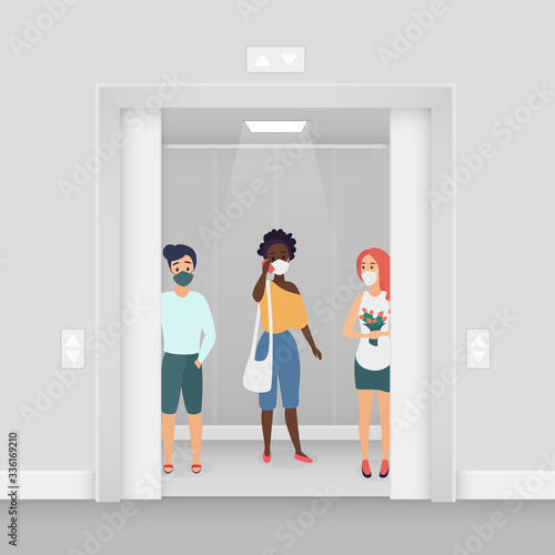 Three women in masks at elevator coronavirus character flat cartoon concept vector illustration. Young women in summer wear stand in masks in elevator. Keep distance covid-19 concept.