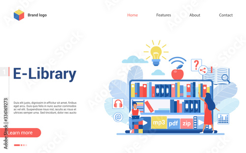 People in virtual e-library landing page flat vector illustration concept. Boy sits and reads book at laptop, girl looks for literature or music in mp3, pdf, zip formats at digital bookshelves