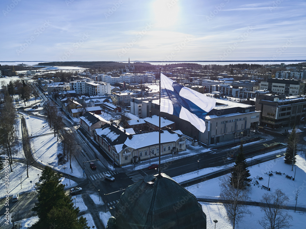 Aerial view of Finnish flag on the tower of Town Hall in Joensuu