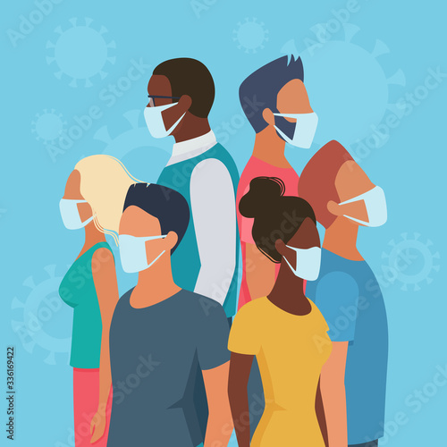 People group in masks in circle flat virus character concept vector illustration. Multiracial men, women in casual clothes on blue background stand back to back to defend each other from danger.
