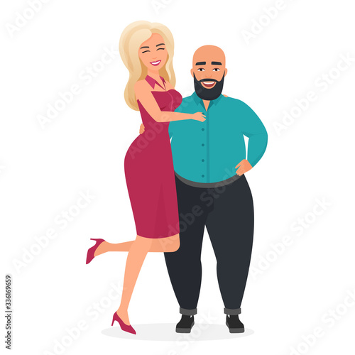 Atypical weird interracial couple flat vector illustration. Beautiful blond podium model woman on heels in elegant dress with low hight fat overweight bald bearded man. Unequal marriage.