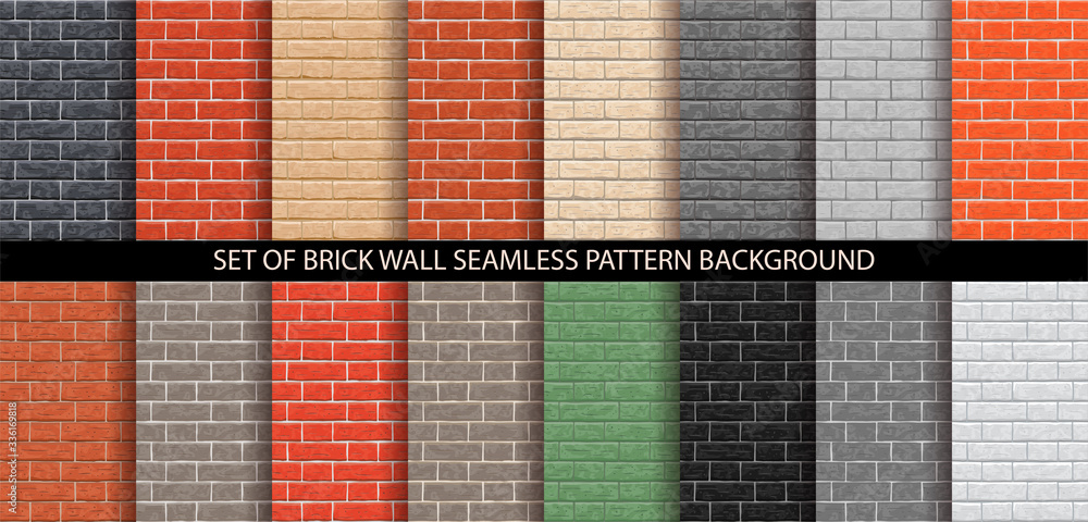 Brick wall seamless pattern set. Different brick background textures - red, orange, gray, black, brown, green, beige, light colors. Set of seamless brick wall texture. Vector pattern illustration. - obrazy, fototapety, plakaty 