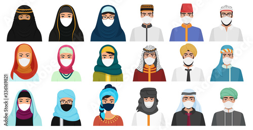East men and women in masks cartoon flat vector illustration set isolated. Muslim Arabian people in traditional national clothes with protection masks to prevent air pollution, coronavirus covid-19