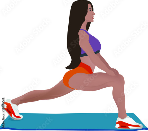 Girl athlete goes in for sports exercise lunge