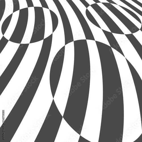 Black stripes on white and circles with inverse the color. Abstract striped surface in perspective angle.