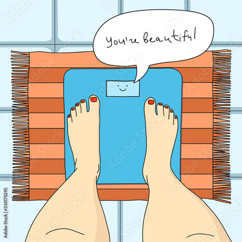 A woman is weighed on the scales. Libra says You're beautiful. Vector illustration