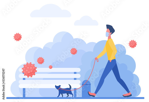 Young man in medical mask walking with dog flat concept vector illustration. Animal owner walks with his pet in public park during quarantine, coronavirus fly in air, covid-19 concept
