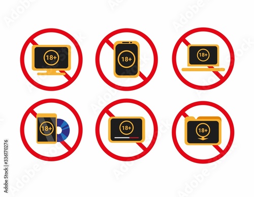Stop disturbing content, porn or violence video on Pc, smartphone, cd and digital download collection icon set in flat illustration vector