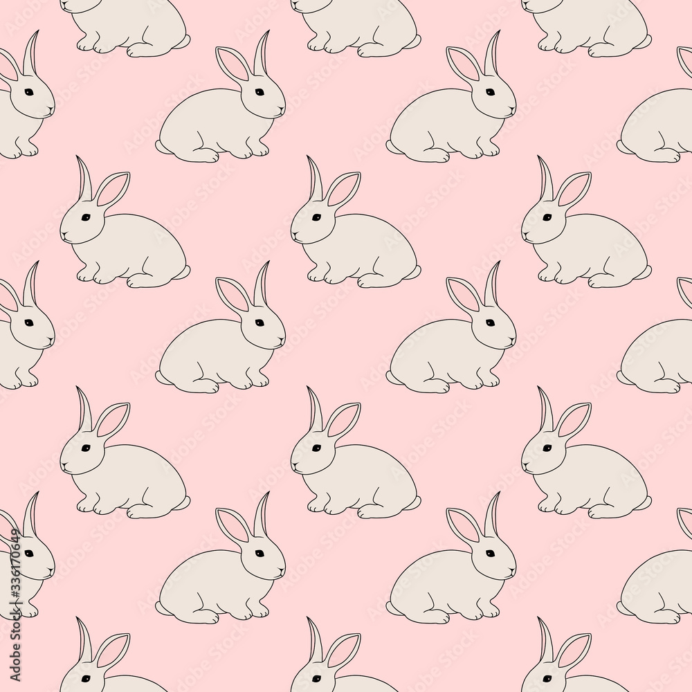Seamless pattern with bunny, fluffy pet, farm (domestic) animal, isolated on pink background. Cute print with colored graphic elements for textile, fabric, wrapping paper, scrapbooking, web design