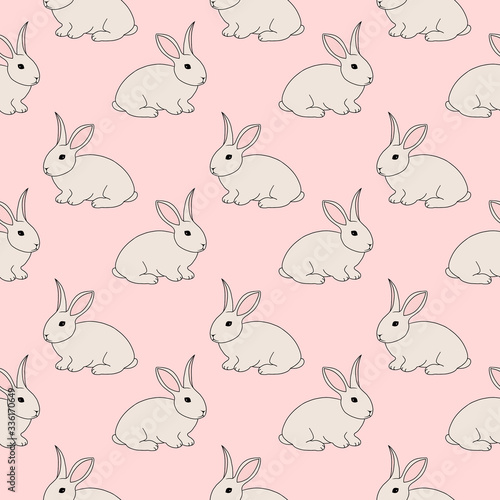 Seamless pattern with bunny, fluffy pet, farm (domestic) animal, isolated on pink background. Cute print with colored graphic elements for textile, fabric, wrapping paper, scrapbooking, web design