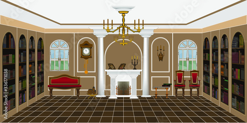 background in the form of a spacious living room or library with a fireplace