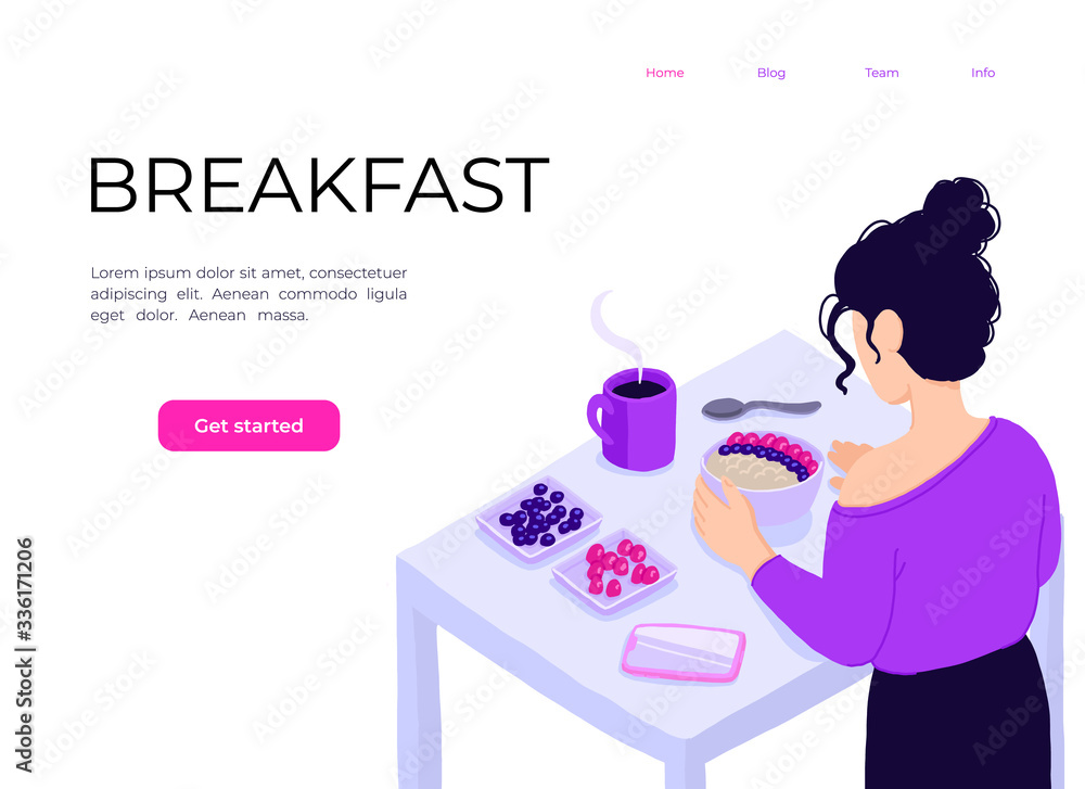 Isometric view on kitchen with young woman cooking healthy meal. Girl making oatmeal, raspberry and blueberry bowl with coffee. Smartphone application page for home recipe, Organic nutrition Isometric view on kitchen with young woman cooking healthy meal. Girl making oatmeal, raspberry and blueberry bowl with coffee. Smartphone application page for home recipe, Organic nutrition