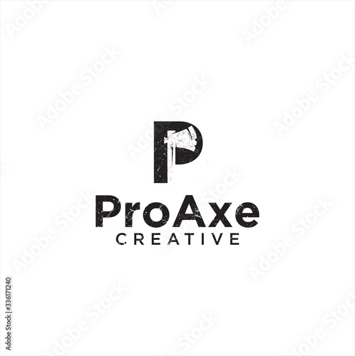 Letter P Hatchet Logo silhouette Design Vector Template . Latter P Axe Logo Grunge Retro Hipster Design Illustration .