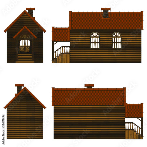 model of a small wooden house with windows and a porch. On the four sides of the corner.