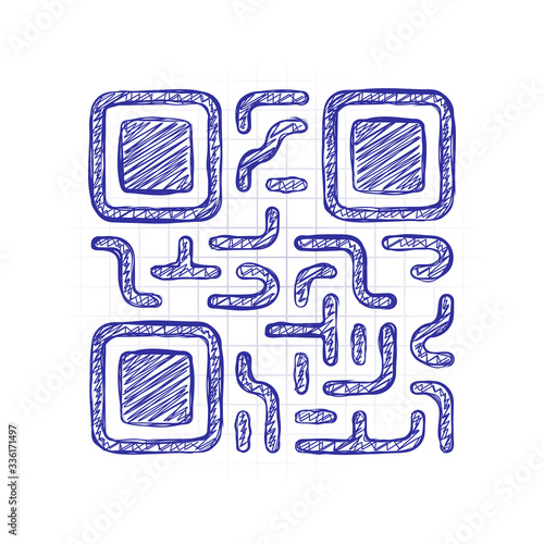 QR code. Technology icon. Hand drawn sketched picture with scribble fill. Blue ink. Doodle on white background