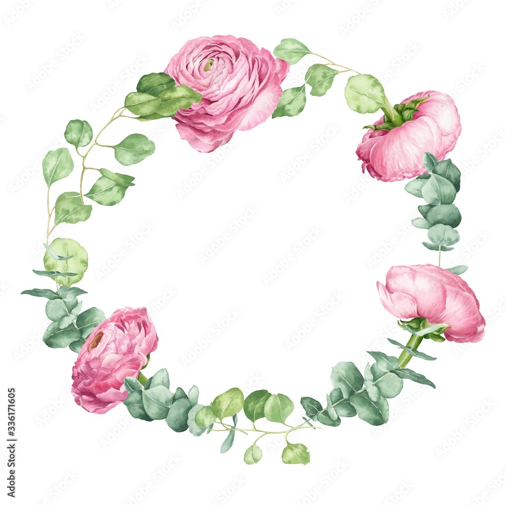 Watercolor flower wreath, hand drawn peony and eucalyptus frame on white background. Watercolor flower wreath, hand drawn peony and eucalyptus frame on white background.