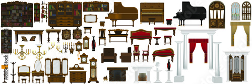 Large set for the interior. furniture and home decoration. Set for interior design in the old style.