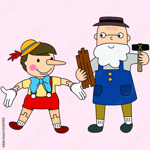 Pinocchio and his father the master Geppetto the Carpenter. Sweet pink pale pastel Background Isolated Vector doodle of flat character design
