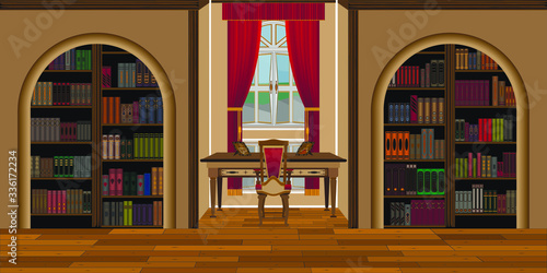 cabinet, office or library interior with a large table and books