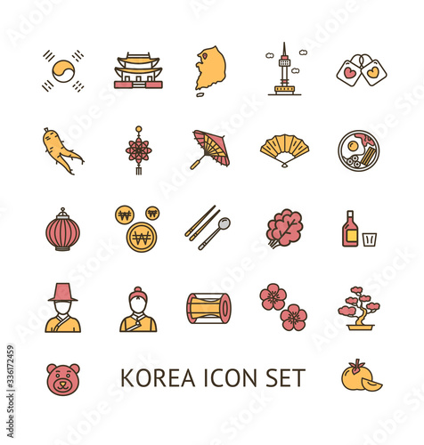 Korea Sign Color Thin Line Icon Set. Vector